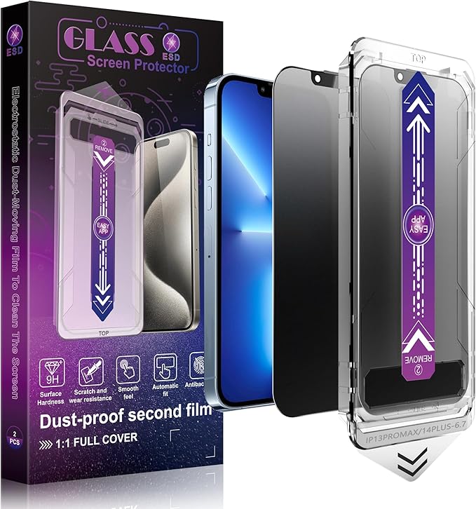 2 Pack Matte Privacy Screen Protector for iPhone 13 Pro Max and iPhon 14 Plus 6.7-Inch Auto Dust Removal, No Bubbles,Anti-Spy Tempered Glass Film, Easy Installation