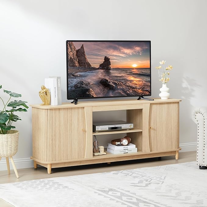 TV Stand, Fluted Media Console Table with Storage and Sliding Door, Farmhouse Entertainment Center for Living Room, Home Office (Natural-No Fireplace)