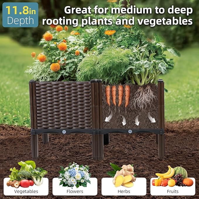 Rattan Raised Garden Bed with Legs-Rectangular Elevated Planters for Outdoor Plants, Self Watering Planter Box 32"L x 16"W x 20"H, Rectangular Deep Garden Bed for Vegetables, Flowers, Herbs
