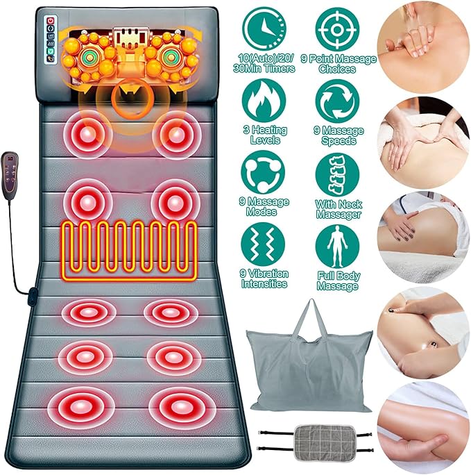 Full Body Massage Mat with Heat, Back Massage Pad with Neck Massage Pillow with 10 Vibration Motors, Multifunctional Electric Massage Chair Back Pad for Back Lumbar Leg Pain Relief