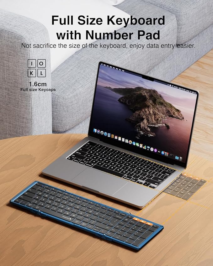 ProtoArc Foldable Bluetooth Keyboard, XK01 Folding Wireless Portable Keyboard with Number Pad, Full-Size Travel Keyboards for Windows iOS Android Tablet Smartphone Laptop PC - Dark Blue