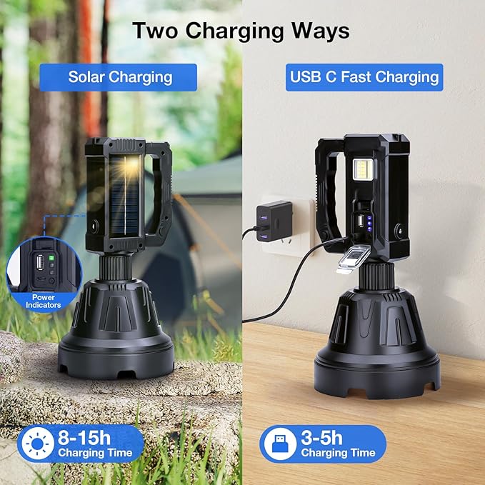 Solar Rechargeable Spotlight, 2,000,000L High Lumens Led Spot Lights Outdoor Handheld Super Bright Long Range Flashlight with 6 Modes, 3 Colored Filters, Tripod, USB C for Fishing Boating