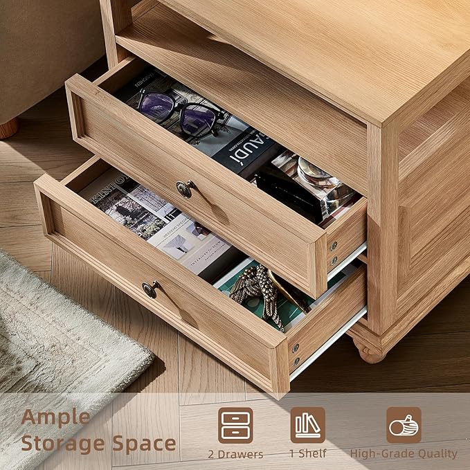 24" Wide Farmhouse Night Stand Set of 2,Large End Table with 2 Drawers & Metal Handle,Natural Wood Dresser for Bedroom, Bed Side Table Chest of Drawers Cabinet, Nightstand for Living Room