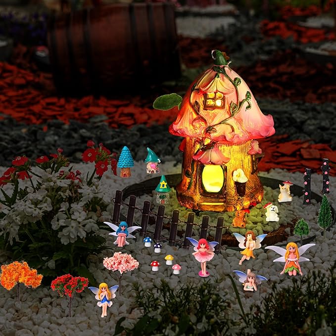 Gerrii 54 Pcs Fairy Accessories Outdoor Garden Kit Solar Fairy House Statues Decor Resin Fairy Figurines Mushroom Ornament Miniature Garden for DIY Yard Supplies Home Spring Easter Decoration