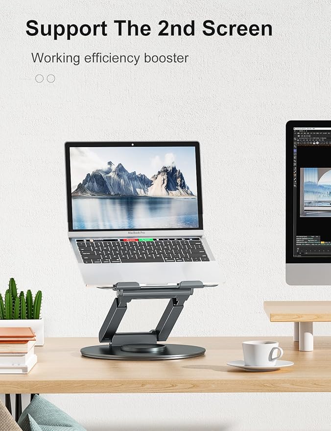 tounee Telescopic Laptop Stand for Desk with 360° Swivel Base, Sit to Stand, Height Adjustable, Portable Riser Holder for Good Posture, Compatible with MacBook Pro, All Laptops 10-17"-Gray