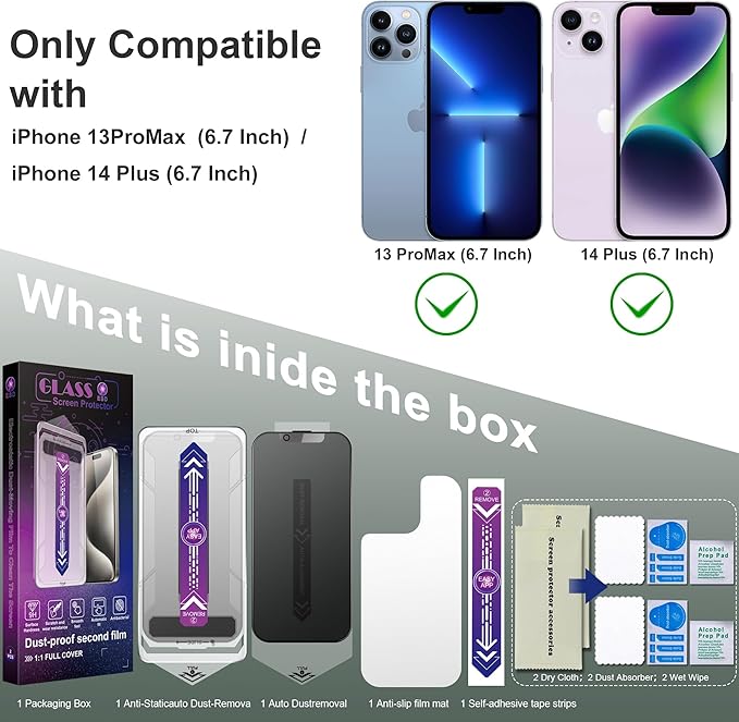 2 Pack Matte Privacy Screen Protector for iPhone 13 Pro Max and iPhon 14 Plus 6.7-Inch Auto Dust Removal, No Bubbles,Anti-Spy Tempered Glass Film, Easy Installation