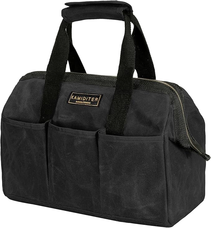 Heavy-Duty 16oz Waxed Canvas Tool Tote Bag - 15" Wide Mouth Open Top Organizer with 15 Pockets | Multi-Purpose Storage for Tools, Hardware & DIY Supplies (Black)