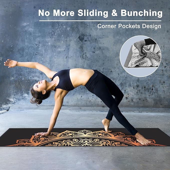 QiyI Yoga Mat Towel with Corner Pockets, Non Slip Sweat Absorbent Hot Yoga Towels, Soft Yoga Blankets with Travel Bag, Skidless Mat Cover for Workout, Gym, Fitness - 70"x26", Luxury Golden Mandala