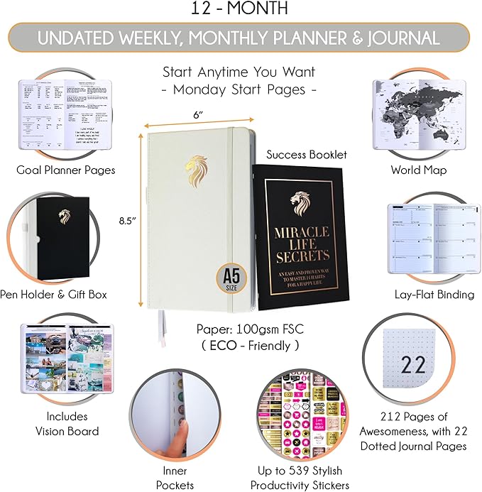 Life Planner - Undated Daily, Weekly & Monthly Planner with Budget Section | A 12 Month Journey to Increase Productivity & Happiness | Life Organizer & Gratitude Journal - Horizontal Format