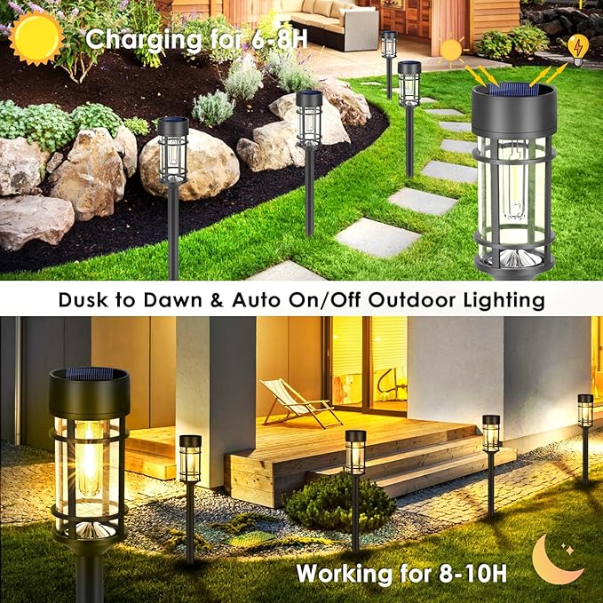 Solar Pathway Lights, 8 Pack LED Solar Lights Outdoor Waterproof, Glass Metal Garden Lighting for Yard Path Landscape Lawn Walkway Driveway, 3000K