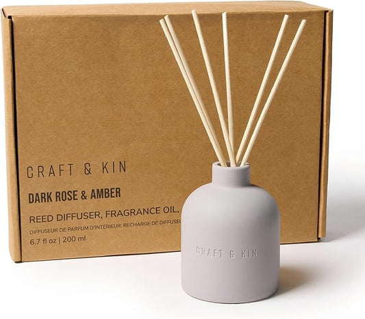 Craft & Kin Reed Diffuser for Home & Bathroom – Rose & Oud Reed Diffuser Set with Fragrance Sticks, Long-Lasting Alcohol-Free Scent, Fall Earthenware Collection, 6.7oz