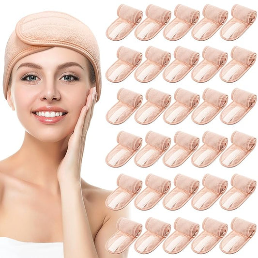 Hoteam 30 Pack Spa Headband Facial Esthetician Hair Wrap for Women Adjustable Makeup Sports Shower Stretch Towel with Tape(Light Pink)
