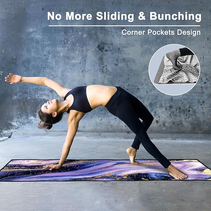 QiyI Yoga Mat Towel with Corner Pockets, Non Slip Sweat Absorbent Hot Yoga Towels, Soft Yoga Blankets with Travel Bag, Skidless Mat Cover for Workout, Gym, Fitness - 70"x26", Purple & Pink Grain