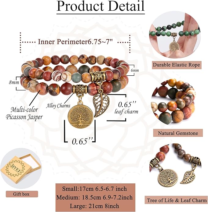 Bivei Natural Semi Precious Gemstone beads bracelet for women - Life Tree and Leaf Charm Energy Reiki Crystal Stretch Bracelets
