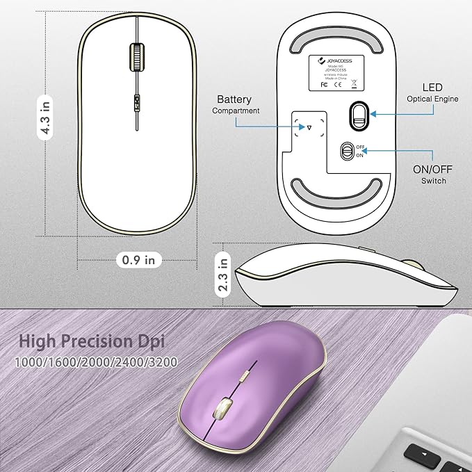 JOYACCESS Wireless Mouse - 2.4G Portable & Ergonomic with 5 DPI Levels for Desktop, Notebook, PC & Laptop (Purple)