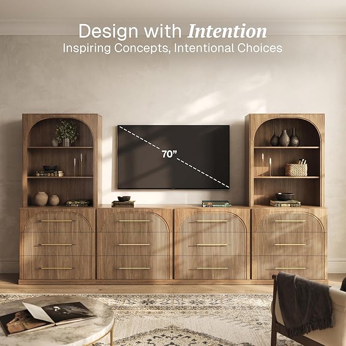 BELLEZE 6-Piece Modular TV Stand Set - 4 Sideboards with Drawers and 2 Storage Hutch, Classic Modern Media Console Table Cabinet with Adjustable Shelves for Living Room (Camel)