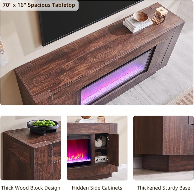OKD Modern 70" Fireplace TV Stand with 36" Electric Fireplace, Entertainment Center for TVs Up to 80", Media Console with Side Cabinets, Thick Wood Design for Living Room, Dark Walnut