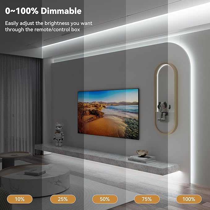 PAUTIX COB LED Strip Light Daylight White 6000K 16.4ft UL Listed CRI93+ Super Bright Dimmable 24V Flexible LED Tape Lights with RF Remote,for Cabinets Bedroom Mirror TV Office Decor DIY Lighting