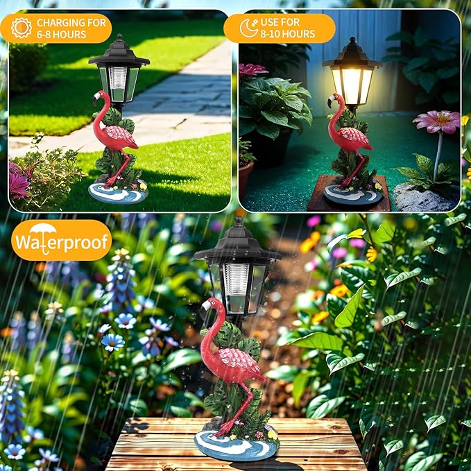 Solar Flamingo Garden Decor, Summer Outdoor Statue with Solar Light Decoration for Outside Patio Yard Backyard Gifts for Mother's Day Birthday Housewarming