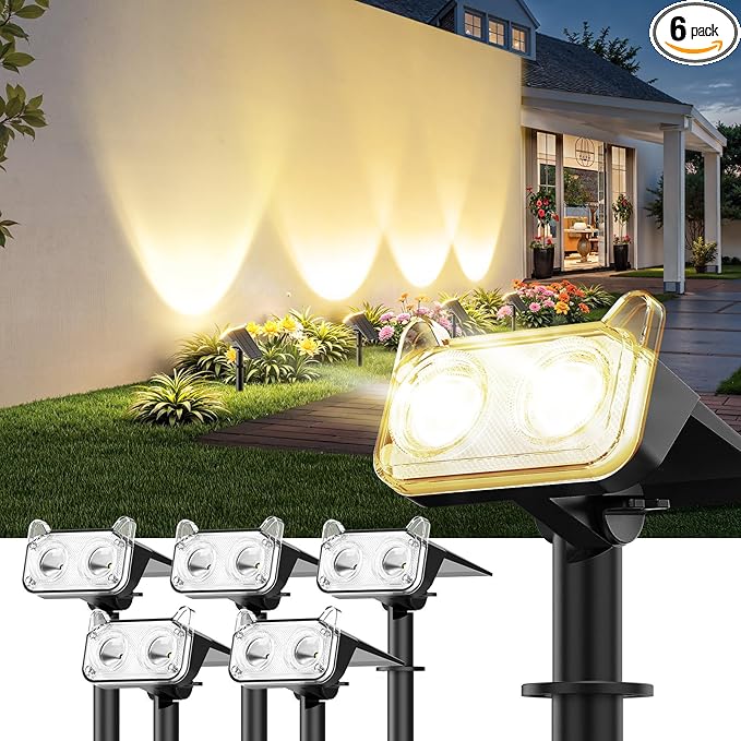 LETMY Solar Spot Lights Outdoor Waterproof with Bigger LED, 6 Pack 135°Adjustable Solar Lights Outdoor, 2-in-1 Wall Lights & 2 Modes Landscape Spotlights for Tree Yard Pathway Garden Decor(Warm White)