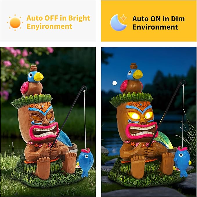 Solar Tiki Garden Statues: 8'' Funny Tiki Bar Decor with Solar Light Outside Decoration for Lawn Yard Patio Garden Gifts for Housewarming (Fishing)