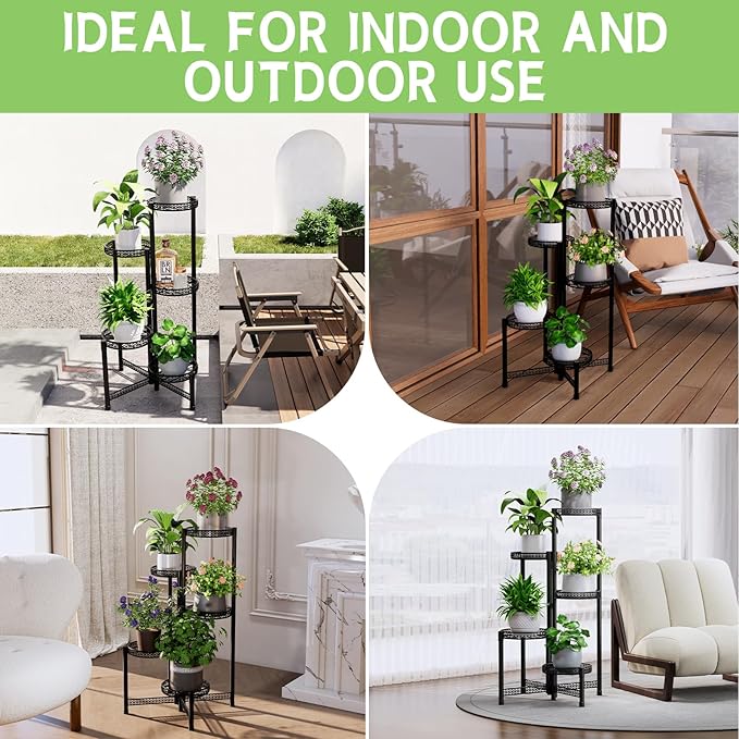 5-Tier Metal Plant Stand Indoor Outdoor - Corner Tall Plant Shelf for Multiple Plants, Foldable Heavy Duty Plant Holder - Decoration flower Stand for House Living Room Balcony Garden Patio - Black