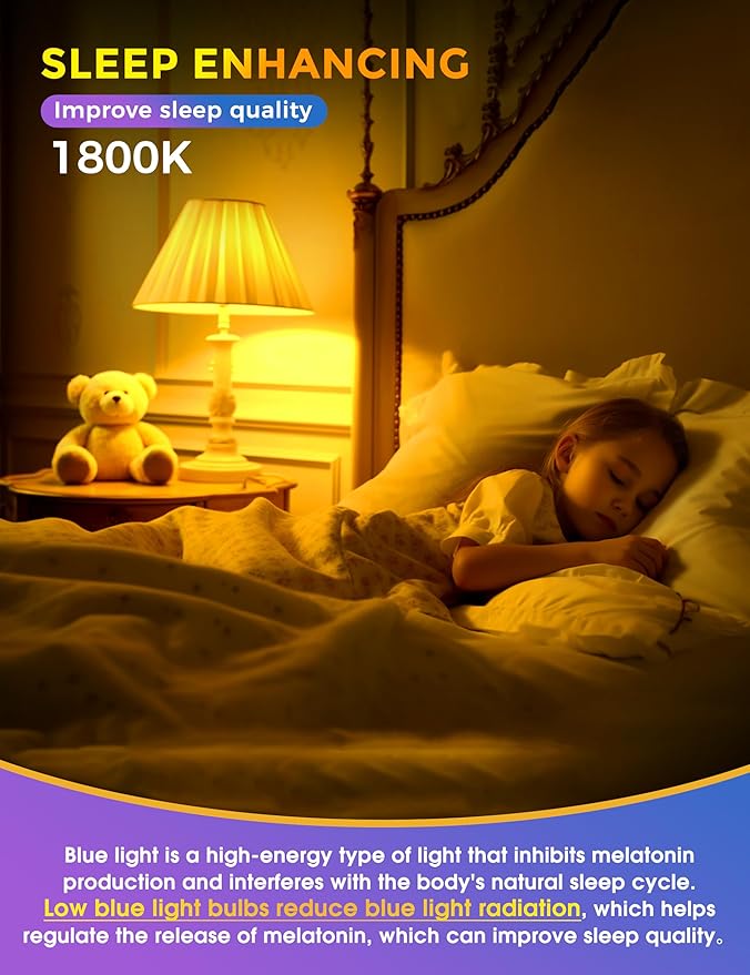 JandCase Warm Light Bulbs, LED Amber Light Bulb for Sleep, 2700K & 1800K Sleep Light Bulbs, Blue Light Blocking, E26 A19 Warm Light for Bedroom, Nursery, 2 Pack