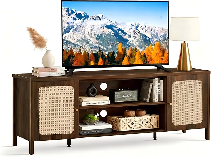 Rattan TV Stand for TVs up to 75'' Boho Entertainment Center with Adjustable Shelf Television Stand with 2 Storage Cabinets Media Console Wooden TV Cabinet for Living Room Bedroom,Walnut