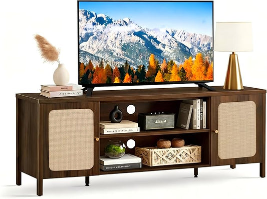 Rattan TV Stand for TVs up to 75'' Boho Entertainment Center with Adjustable Shelf Television Stand with 2 Storage Cabinets Media Console Wooden TV Cabinet for Living Room Bedroom,Walnut