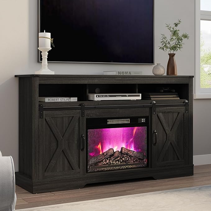 RoyalCraft Farmhouse Fireplace TV Stand for 65+ Inch TV, Entertainment Center with 23" Electric Fireplace with Remote, 34 Tall Modern Rustic TV Console with Sliding Bar Door for Living Room, Dark Grey