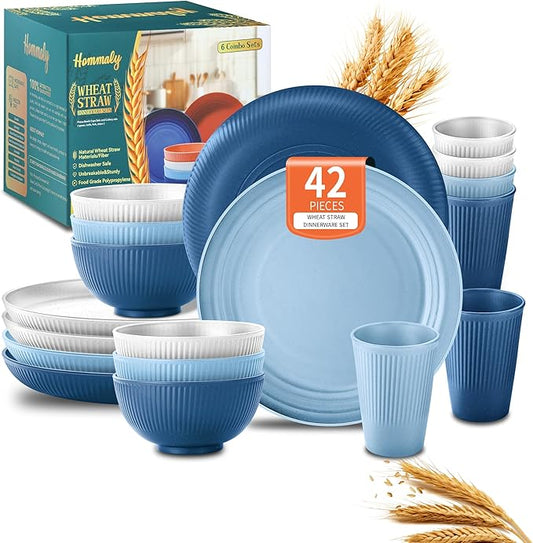 Hommaly Wheat Straw Dinnerware Sets,42-Piece Plates and Bowls Sets for 6-Unbreakable,Reusable Plastic Dish Set-Dinner Plate/Cereal Bowl/Cup/Utensils-Microwavable Dishwasher Safe 42P-Oecan Resort