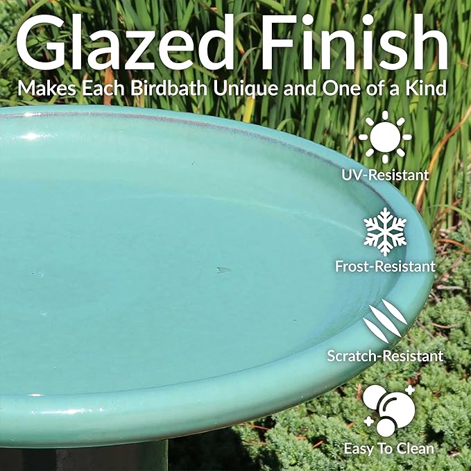 Sunnydaze 21" H Ceramic Bird Bath for Outside - Hand-Painted Outdoor Bird Bath Bowl, UV/Frost-Resistant Finish - Seafoam - Cut Out Pedestal
