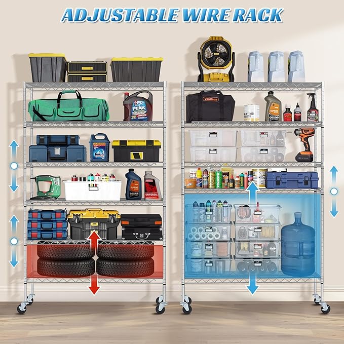 6-Tier Storage Shelves | 2100 LBS Capacity Garage Shelving | 48"×18"×82" Heavy Duty Metal Shelving Unit | Adjustable Wire Shelf on Wheels | Storage Rack for Garage Kitchen Pantry Basement, Chrome