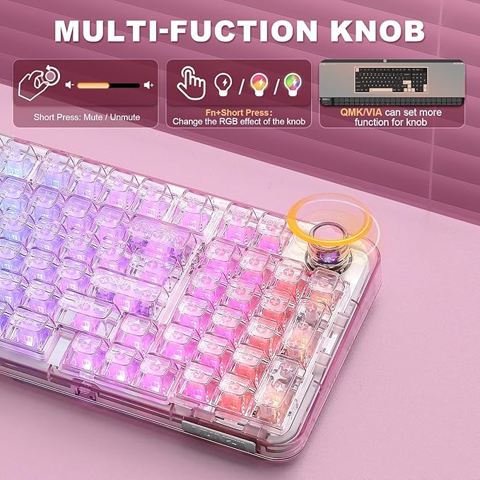 YUNZII X98 QMK/VIA Wireless Mechanical Gaming Keyboard with Knob,Tri-Mode BT5.0/USB-C/2.4GHz Hot Swappable Keyboard,Pre-lubed Switches Gasket Mount RGB Backlit for Wins/Mac (Pink, Snow Switch)
