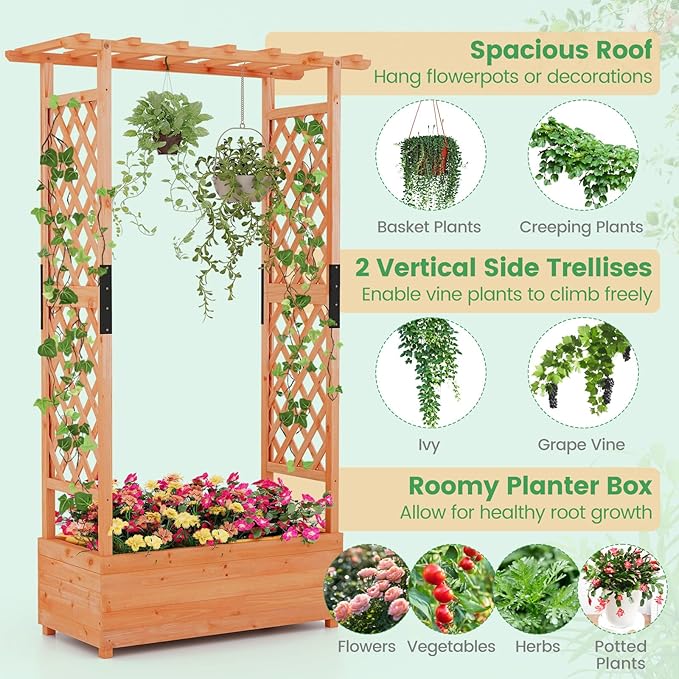MAT EXPERT Raised Garden Bed with Trellis & Hanging Roof, Lattice Panel with Drainage Hole for Flower, Climbing Plant, Herb, Planter Box for Garden, Patio, Yard (1, 43.5" x 17.5" x 72" (L x W x H))