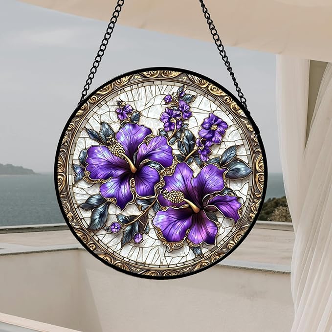 Stained Glass Window Hanging, Purple Flowers Romantic Suncatcher for Doors Home Sun Catchers Decoration and Christmas, Mother's Day Birthday Gifts for Women, Men, and Mom 14.9x14.9 in