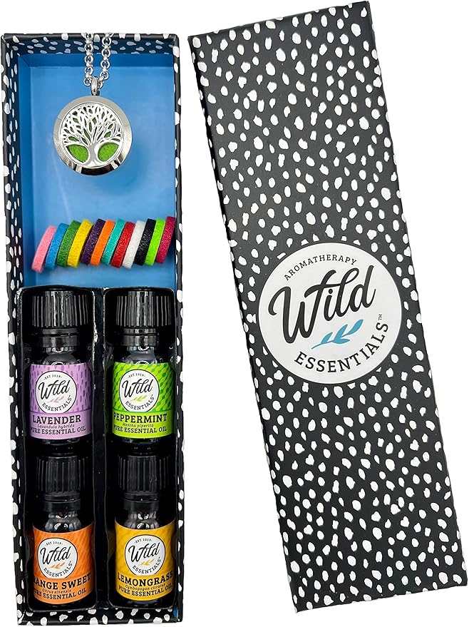 Wild Essentials Tree of Life Necklace Essential Oil Diffuser Kit With Lavender, Lemongrass, Peppermint, Orange Oils, 12 Refill Pads, Calming Aromatherapy Gift Set, Customizable Color Changing, Perfume