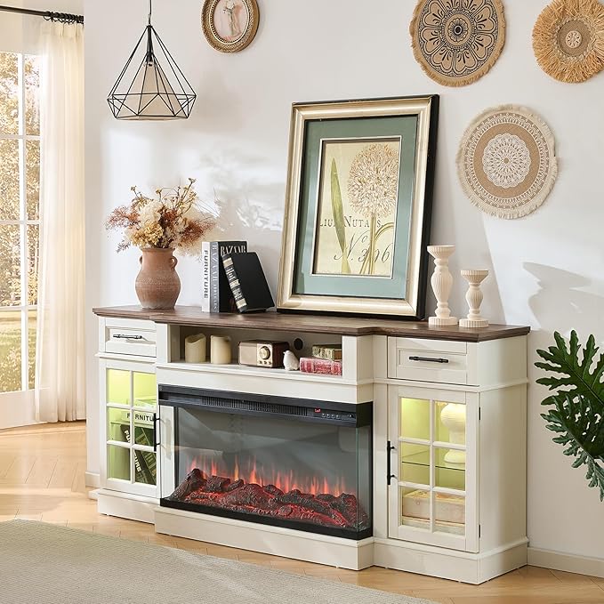 ROCKPOINT 3 Sided Glass 70" Fireplace TV Stand for TVs up to 80inch, Entertainment Center with Drawers and Glass Door Storage Cabinet,36" Electric Fireplace with LED Light and Flame Colors, White