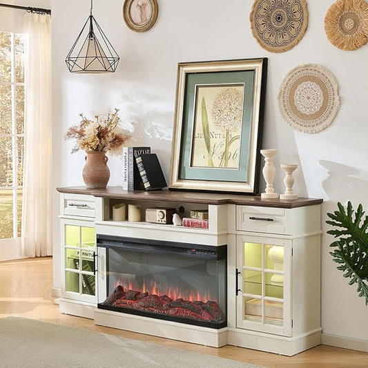 ROCKPOINT 3 Sided Glass 70" Fireplace TV Stand for TVs up to 80inch, Entertainment Center with Drawers and Glass Door Storage Cabinet,36" Electric Fireplace with LED Light and Flame Colors, White
