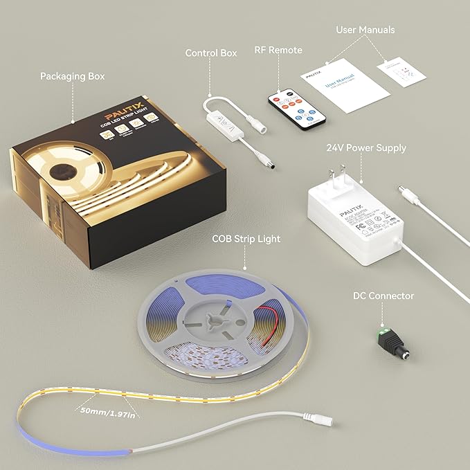 PAUTIX COB LED Strip Light 32.8ft,Engineering Level UL Listed Warm White 2700K,CRI93+ Super Bright High Lumen,Dimmable 24V Flexible LED Tape Light with RF Remote,for Cabinets,Home&Office DIY Lighting