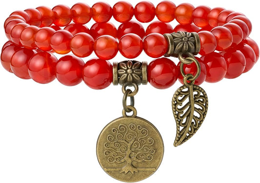 Bivei Natural Semi Precious Gemstone beads bracelet for women - Life Tree and Leaf Charm Energy Reiki Crystal Stretch Bracelets