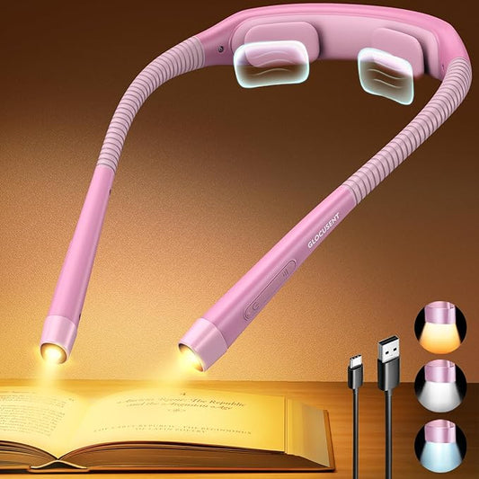Glocusent Ergonomic Reading Light, 1600mAh Rechargeable Book Light for 100 Hrs - 3 Colors & 5 Brightness, Neck Light with Timers, Sleep Aid & Travel Lock, Perfect for Reading, Knitting & Craft