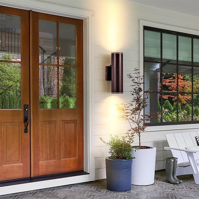 Dusk to Dawn Outdoor Lighting Sensor Wall Lights 2Pack, 12W 2700K Integrated LED Cylinder Up Down Lights Outdoor, IP65 Waterproof Aluminum Exterior Wall Sconce for Porch Patio. Brown