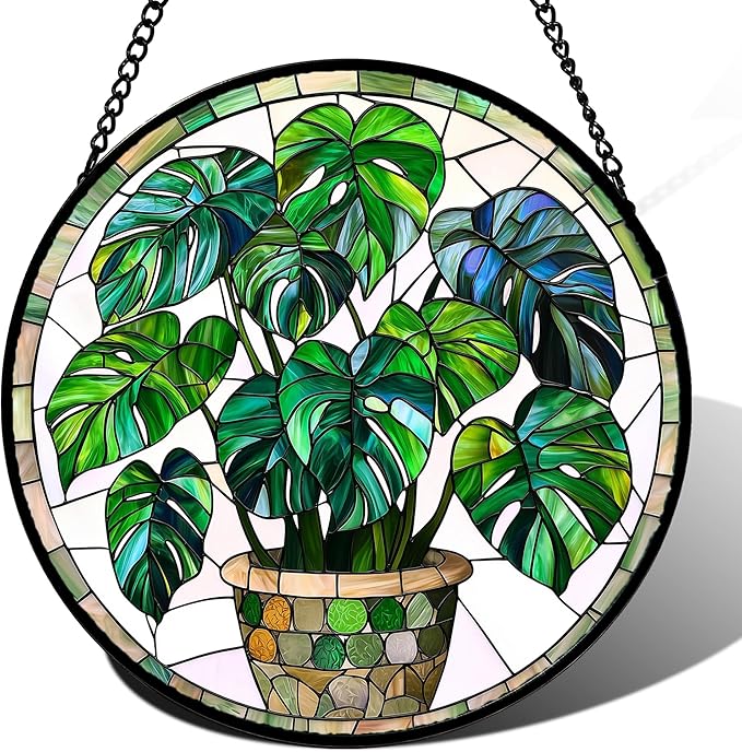 Stained Glass Window Hanging, Green Plant Monstera t Suncatcher Diamond Colorful Glass Panel Sun Catchers Decor for Birthday for Women, Men, Wife, Aunt, and Mom 14.9x14.9 in