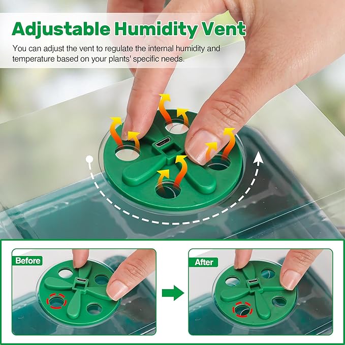 Bonviee 5 Packs Seed Starter Tray with Plant Light, Elevated Seedling Starter Trays Kits with Adjustable Humidity Domes and Clear Cell Tray, 12 Full Spectrum led lamp Beads for Plants Indoor-Green