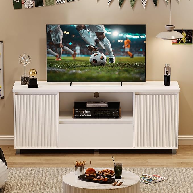 Garvee 63in TV Stand for 60/65/70 Inch TV, Fluted Entertainment Center with Storage Drawer and Open Shelves, Modern TV Console Media Cabinet for Living Room, Bedroom, White
