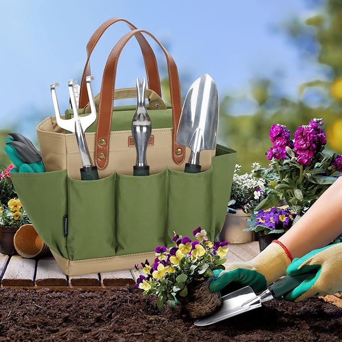 Garden Tool Tote Solid Bag with 11 Piece Hand Tools,Best Gardening Gift Set Organizer with Vegetable Garden Tool Kit,Free Kneeler Pad,Digging Claw Gloves and All Necessary Gardening Accessories