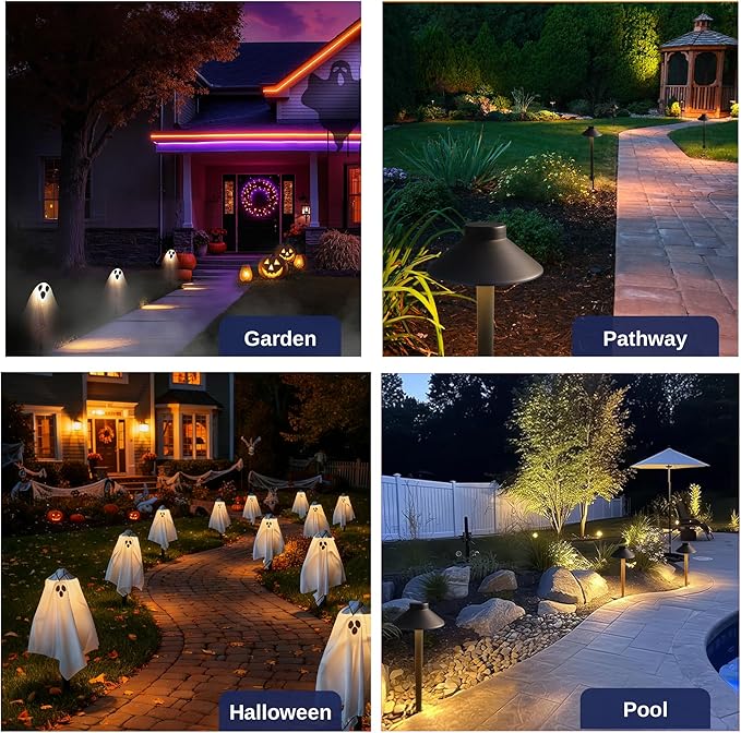 Halloween Low Voltage Solid Brass Pathway Light Kit (8 Path Lights, 9 Hanging Ghost) LED Outdoor Landscape Decor, Yard Lighting Waterproof IP65, 12V for Garden Party with 2700K G4 Bulb