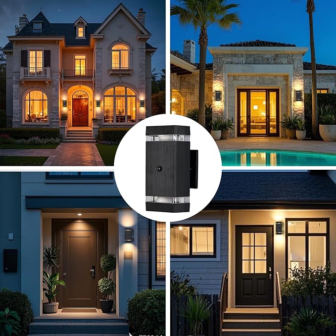 Outdoor Wall Lights 4 Packs, Integrated LED Up Down Lights, Modern Black Outdoor Wall Light with Dusk to Dawn Sensor Aluminum Exterior Wall Light for Porch Patio Door