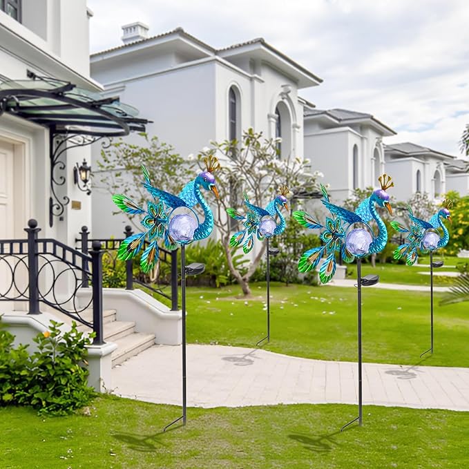 Peacock Solar Light Wind Spinner Outdoor Garden Decoration, Waterproof Garden Stake LED with Cracked Glass Ball, Gift for Mom, Lawn Ornaments for Pathway, Patio, Yard Decor Outdoor